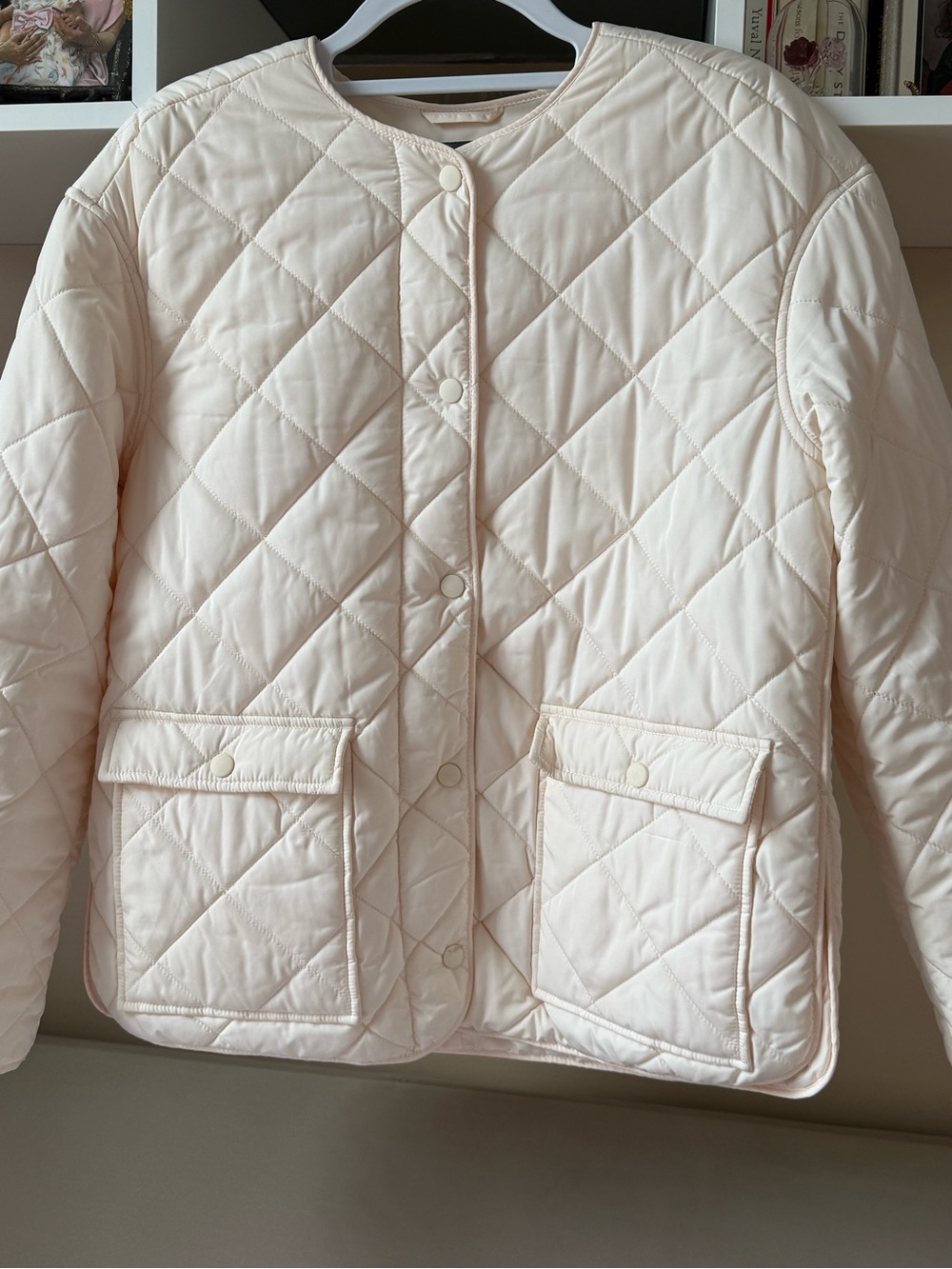 Quilted Snap-Front Puffer Jacket in Light Cream